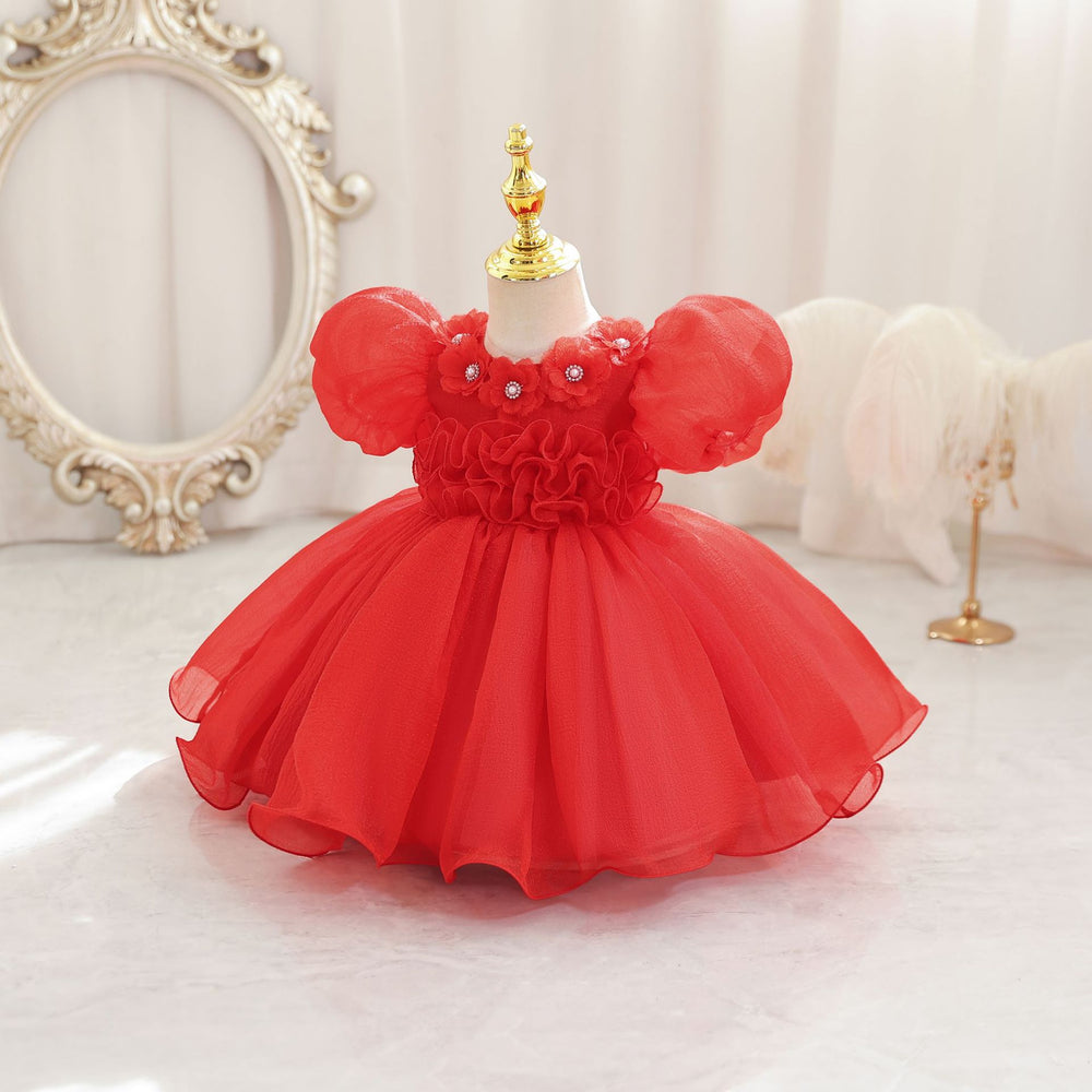 Ready-to-ship new bubble sleeve children's formal dress, floral tulle princess dress, baby girl's first birthday dress