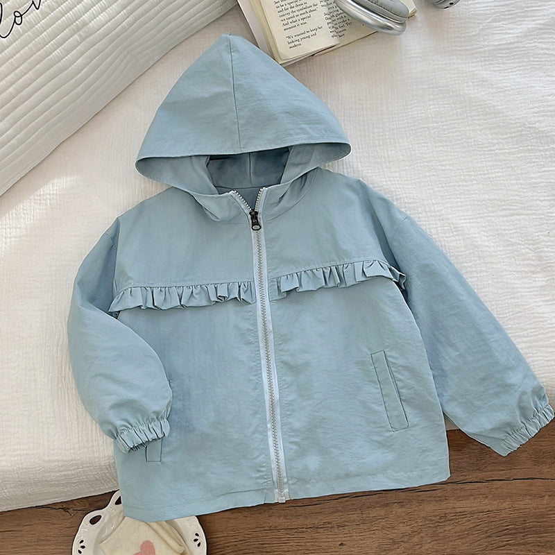 Girls' korean style spring/summer new fashion hooded loose casual versatile lace trim hoodie jacket trendy top