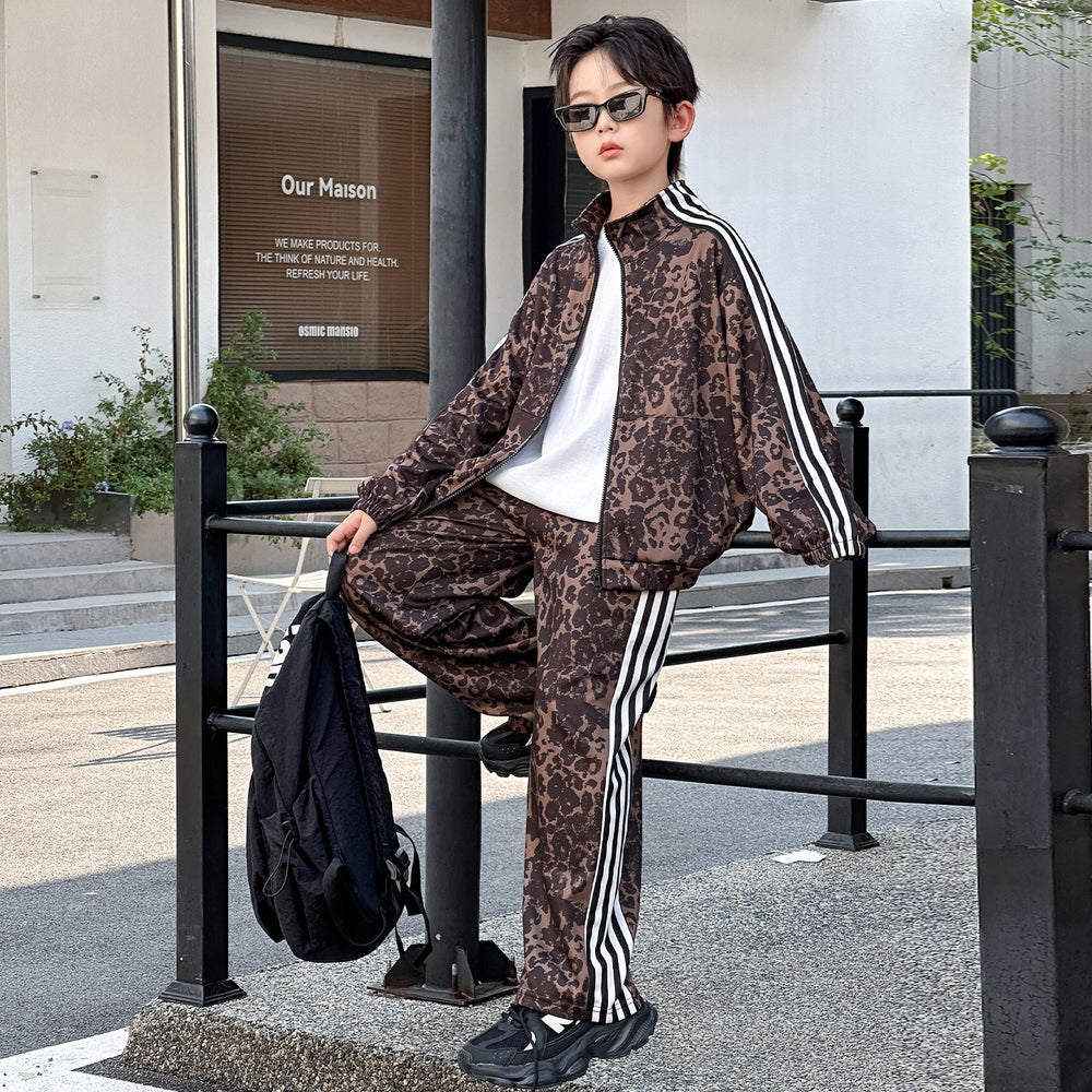boys' casual cardigan two-piece set: trendy new fashion leopard print loose fit spring/autumn outfit for older boys