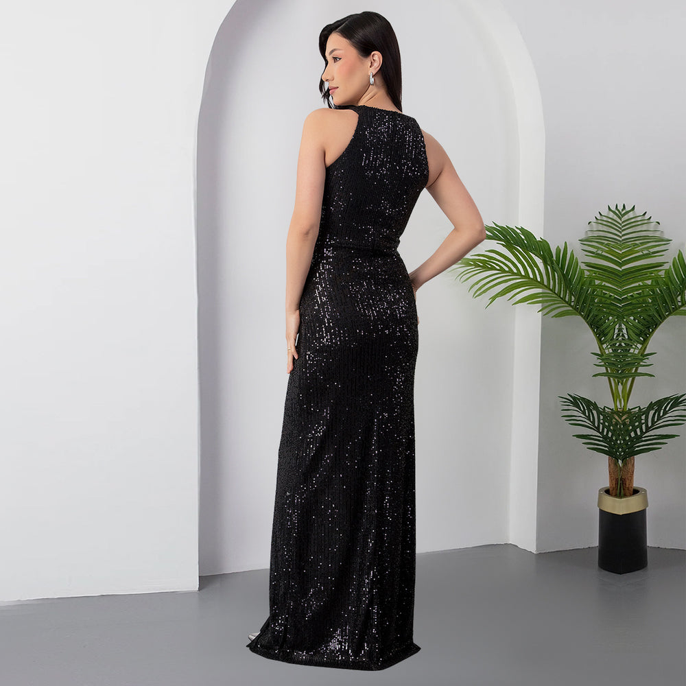 C7356 cross-border   fashion women's sequin textured slit evening gown dress