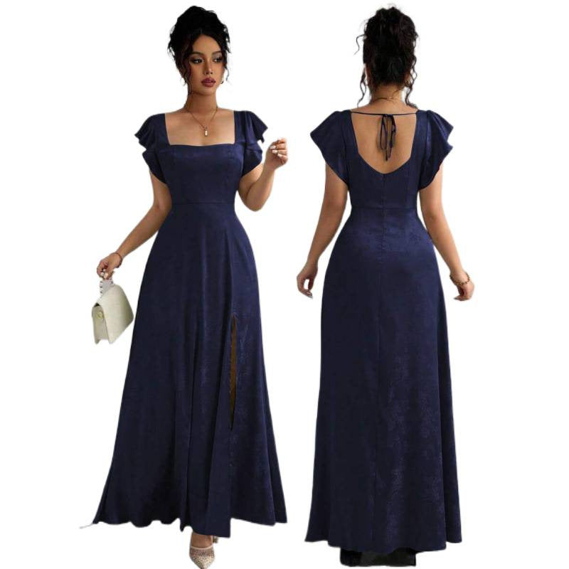 fashionsummernew arrival square collar ruffle sleeves waist slimming lookelegance jacquard slit dress for women