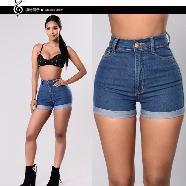 e-commerce   european and american new summer women's denim shorts sexy high-waisted rolled hem hot pants