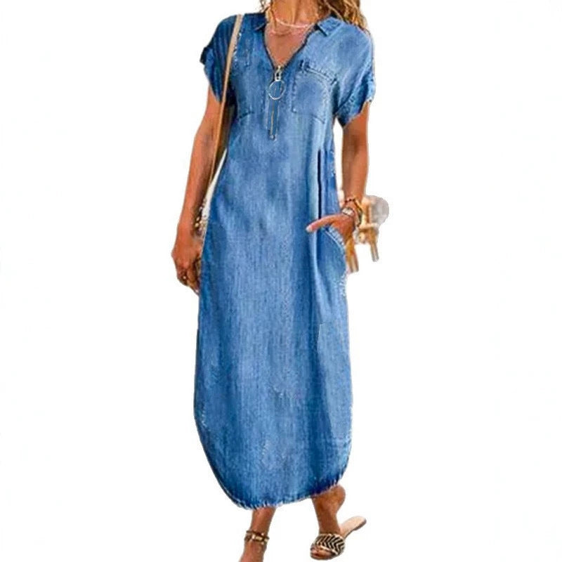 Independent station  fashion clothing summer short-sleeved denim dresscasualwork clothingloose women's dress