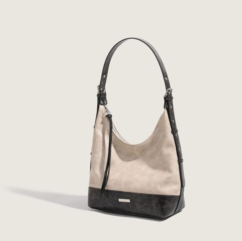 Contrasting color tote bag women's large-capacity fashionable and versatile shoulder bag PU leather texture trendy leisure bag high-end bucket bag