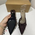 Za2024springnew arrivalbows high-heeled mules flats pointed toe toe slippers thin heel easiest for match half slippers