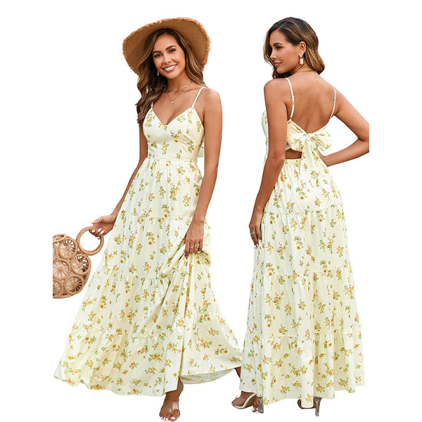 Women's vacation style casual summer floral suspender skirt V-neck thin shoulder strap bow backless elegant bohemian