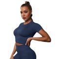 Summer new european and american seamless ruched t-shirt top yoga wear women's high-stretch running sports fitness short sleeve