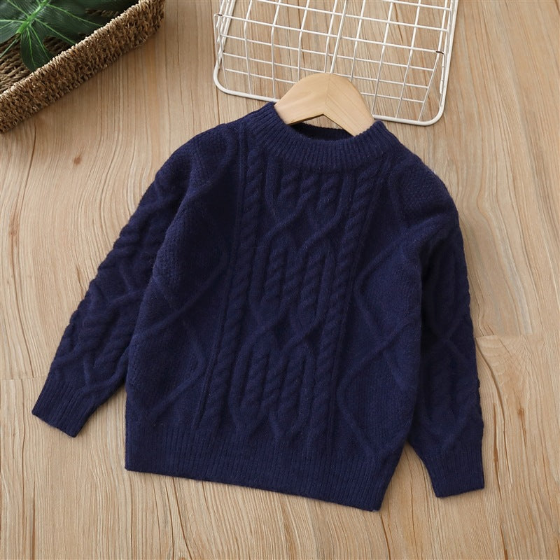 Kids' sweater  winter retro style fleece-lined thickened pullover knit base layer for boys and girls, toddler to mid-sized children