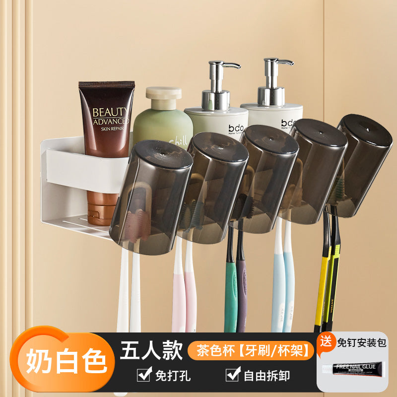 Wide new product toothpaste toothbrush rack, no punching space aluminum bathroom brushing mouthwash cup wall hanging set