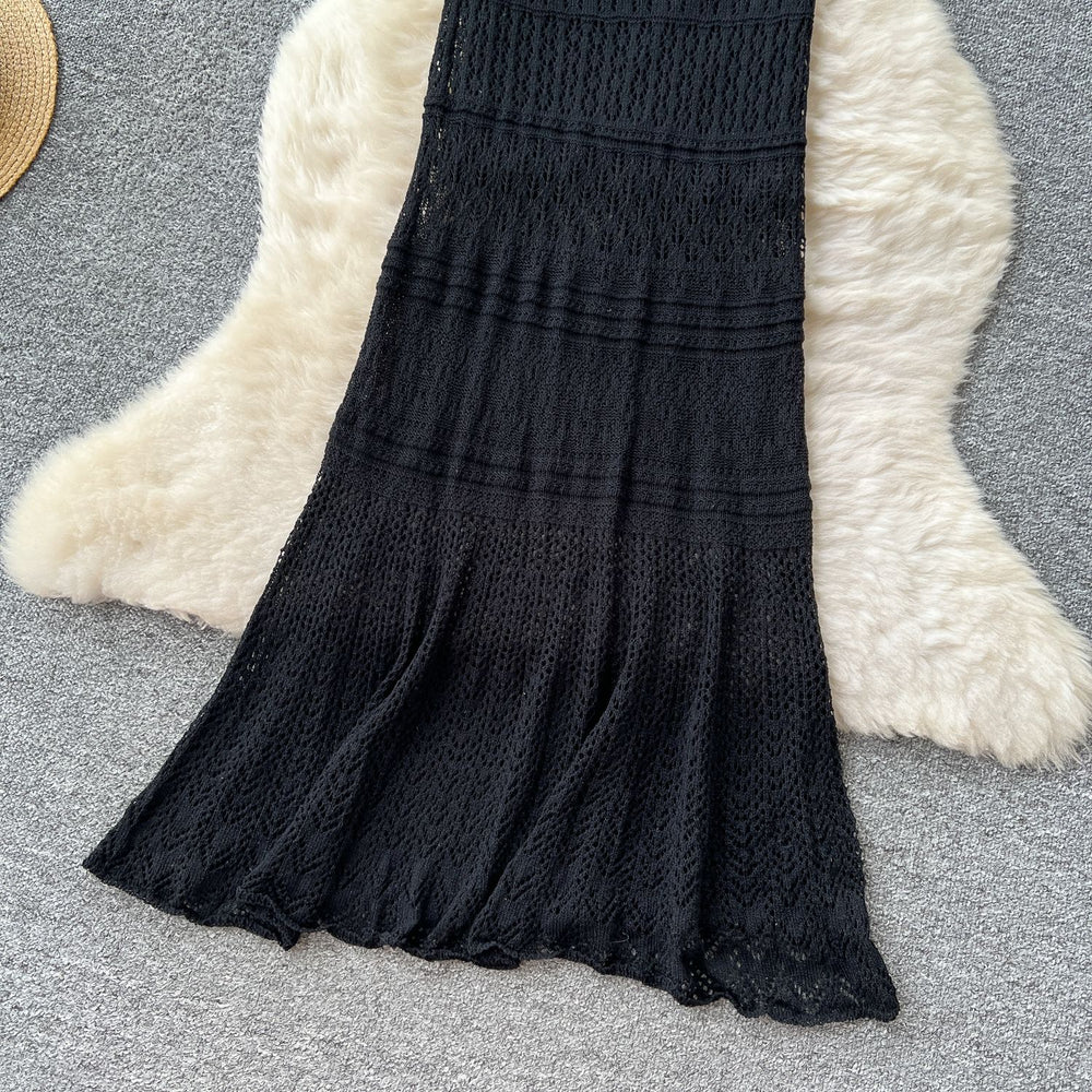 Korean style women's summer dress: soft & chic color block, flutter sleeves, cinched waist, slim fit, openwork crochet knit dress