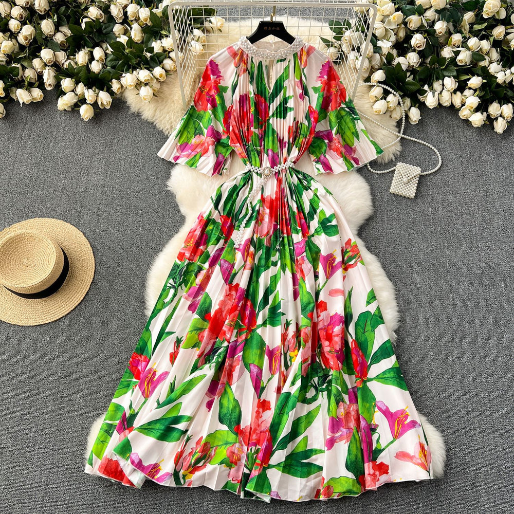 European and american high-end elegant dress - new women's beaded round neck short sleeve cinched waist loose pleated printed maxi dress