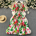 European and american high-end elegant dress - new women's beaded round neck short sleeve cinched waist loose pleated printed maxi dress