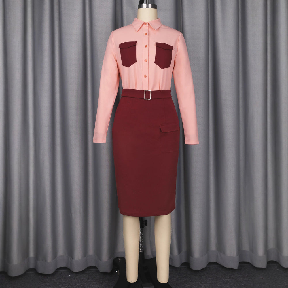 Fashionwork clothing lapel contrast colortwo-piece setdress european and american elegance waist midi skirt professional weardresses