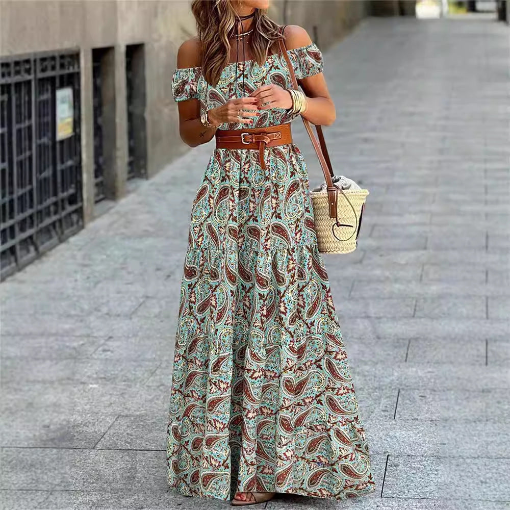 Amazon fashionexportprintingone shoulder princess sleeve high waistsense of designa-linedressfemaleelegantwork clothing