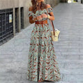 Amazon fashionexportprintingone shoulder princess sleeve high waistsense of designa-linedressfemaleelegantwork clothing