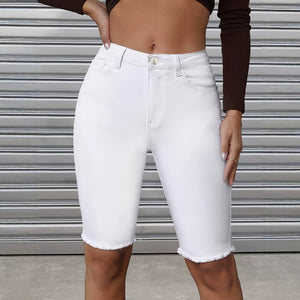 European and american style women's pure white high-waisted frayed hem cropped jeans - stretchy, bodycon, cross-border fashion