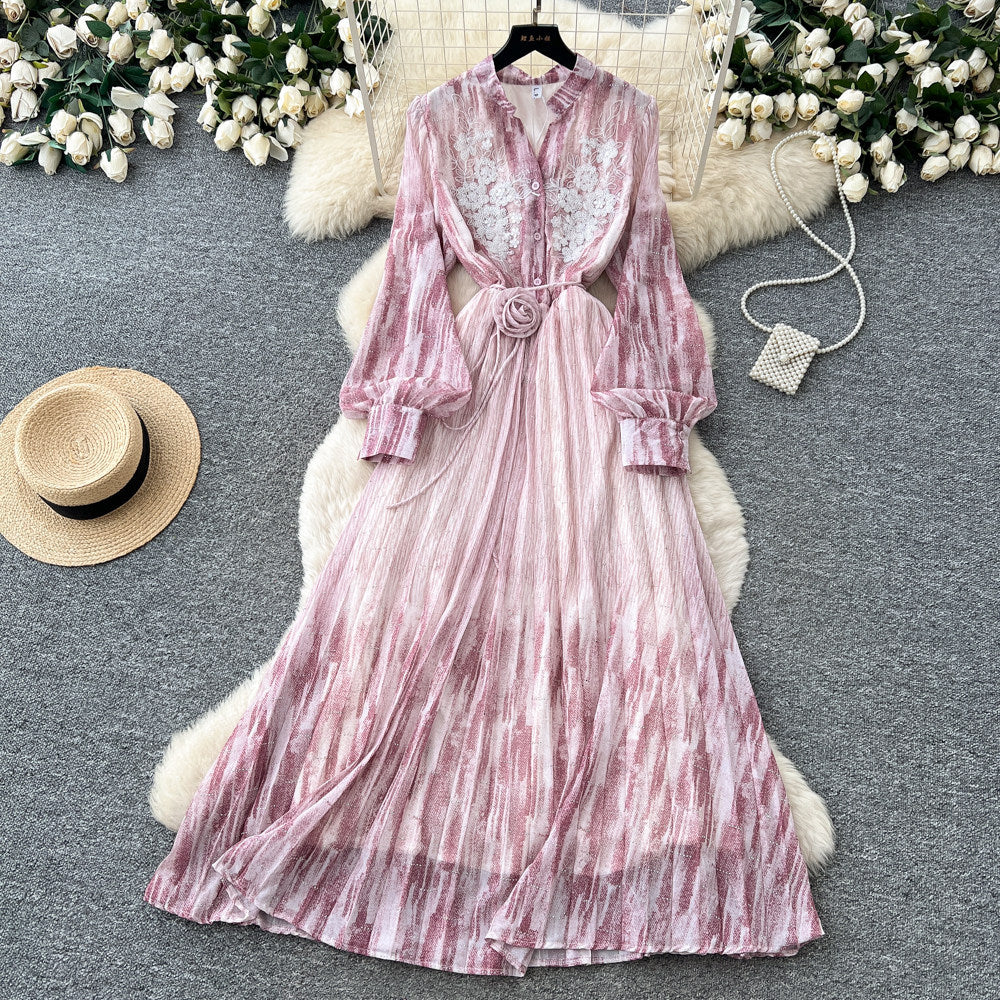 French romantic lantern sleeve printed dress - women's summer a-line maxi dress with cinched waist and tie detail - high-end and elegant