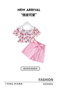 summergirlsuit pink shorts floral suspender topschildrenk-style short-sleeved two-piece set
