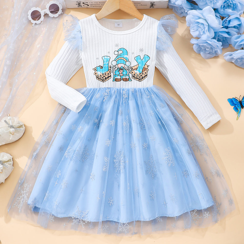 Kids' long-sleeve crewneck dress with letter print and mesh overlay