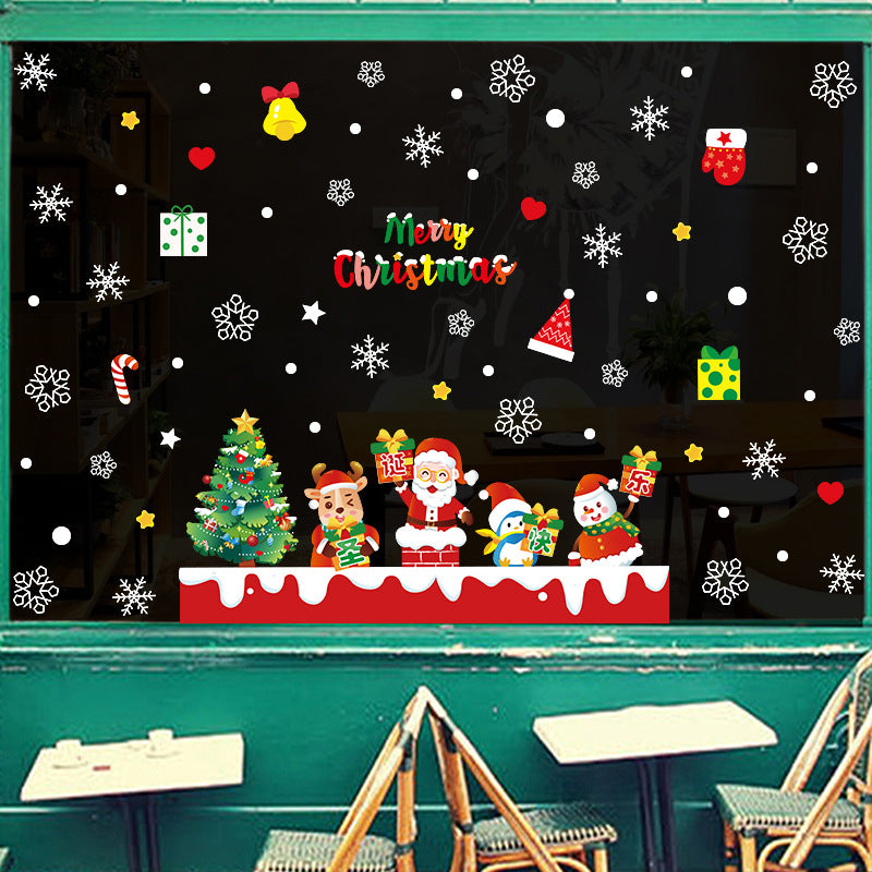 Cheerful Christmas decoration glass door sticker shop window scene arrangement Santa snowman no glue static sticker