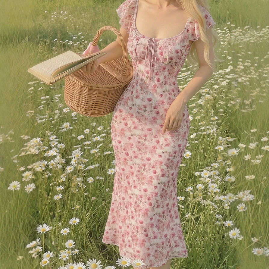 french skirt sweet new arrival puff sleeves romantic elegancefloralsprinting waist a swing mini dress