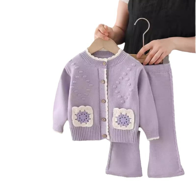Girls' knit sweater jacket & pants set - new autumn/winter  collection with handmade floral accents