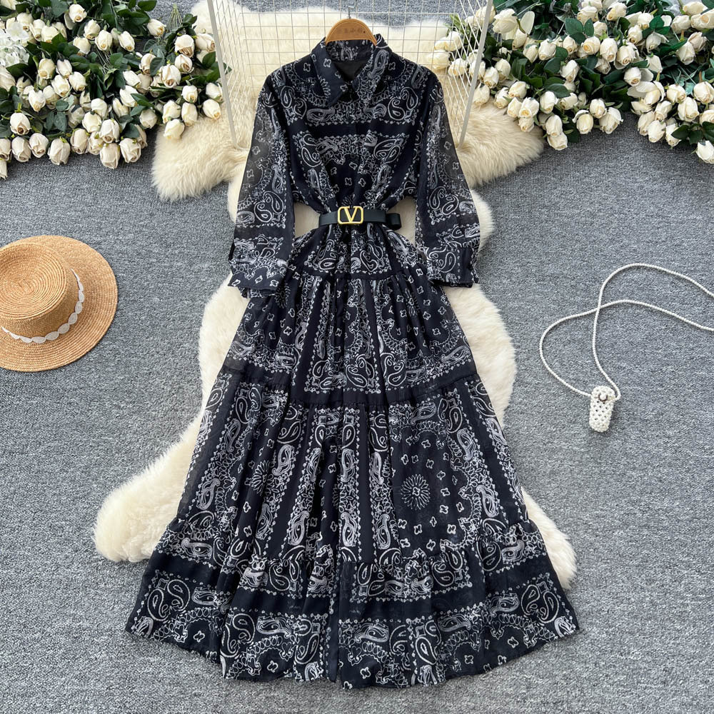 French retro fashion printed long sleeve single-breasted tie-waist dress - women's autumn  high-end maxi dress