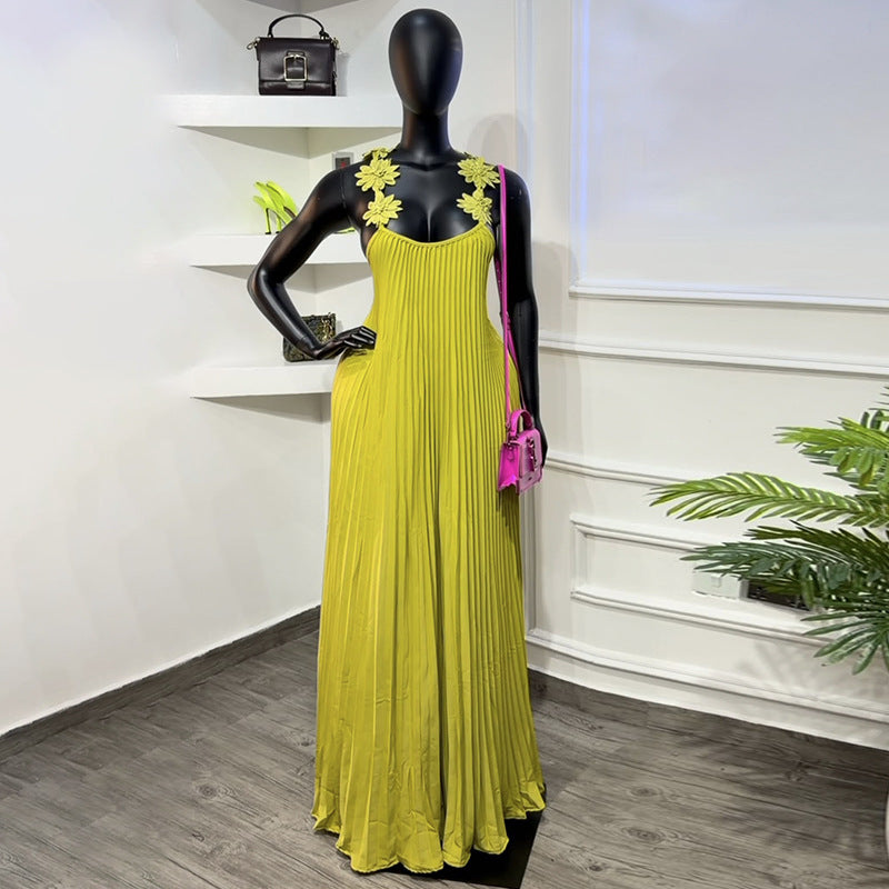 European and american cross-border women's fashion:  spring new arrival - elegant 3d floral shoulder strap solid color pleated backless cami dress
