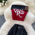 American style women's summer outfit: sexy & spicy letter embroidered sleeveless bandeau top with high-waisted denim wide-leg casual pants