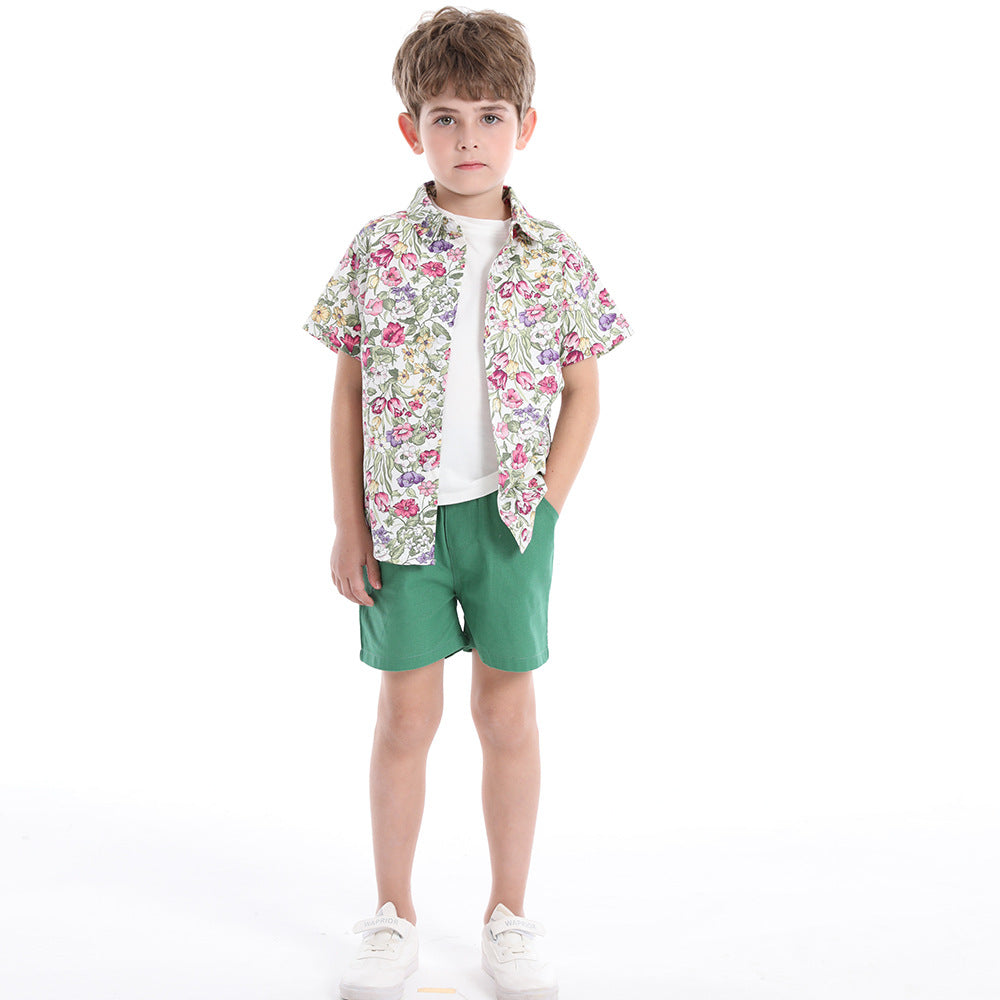 Summer kids' clothing: children's printed short-sleeve shirt, boys' t-shirt casual three-piece set, water festival floral shirt for kids