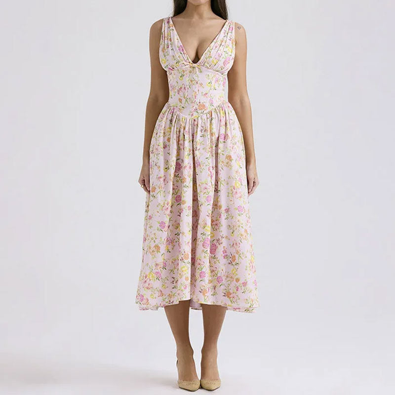 summer new women's clothing  cross-border fashionable and elegant v-neck printed waist-cinching camisole dress