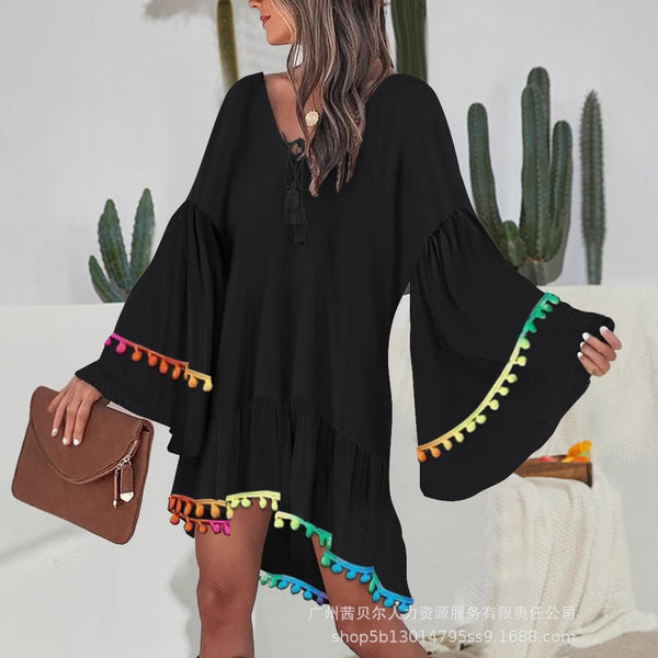 ODS2156C  European and American  women's clothing colored fringed ball splicing V-neck horn sleeve casual skirt