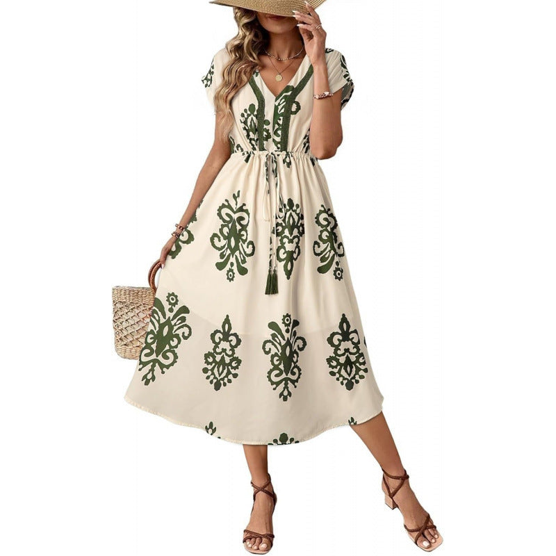 Amazon chic floral dress - women's  summer new arrival: loose a-line casual v-neck beach dress