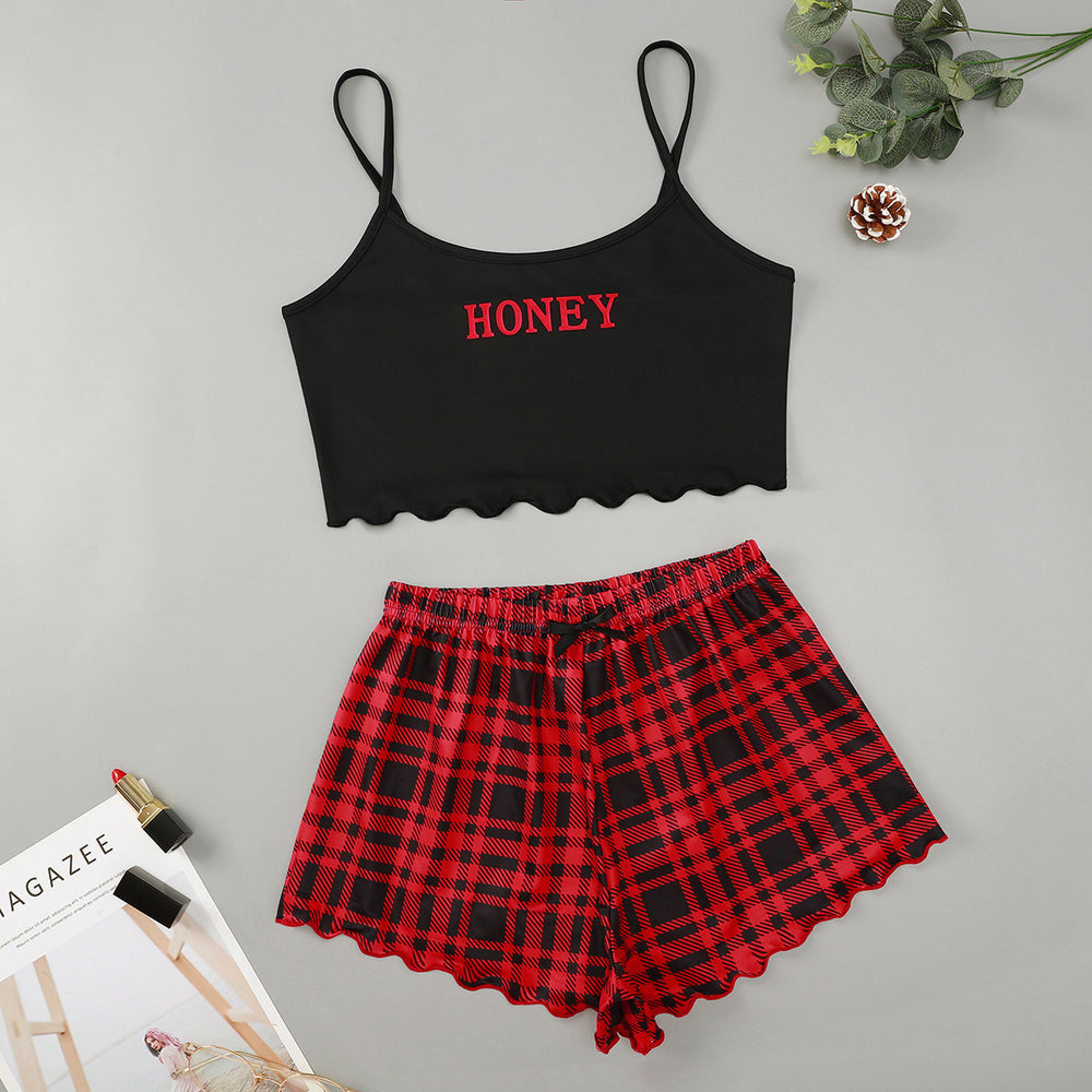 new creative chinese dragon print camisole top and plaid print shorts women's loungewear set