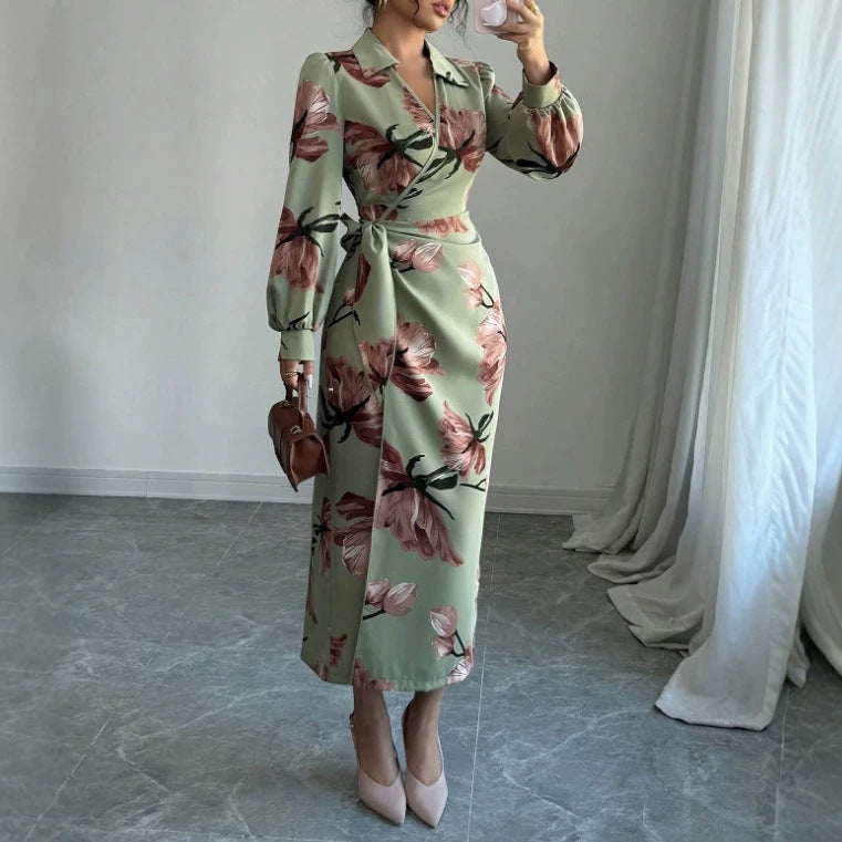 european and american women's clothing spring/summer hot seller: fashionable casual style plant print long maxi dress - a-line skirt