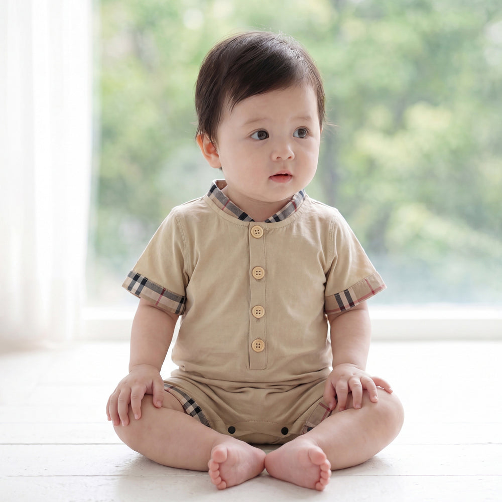 Infant & toddler  new style chic baby plaid smiley face snap-closure short-sleeve turn-down collar romper - summer all-cotton bodysuit