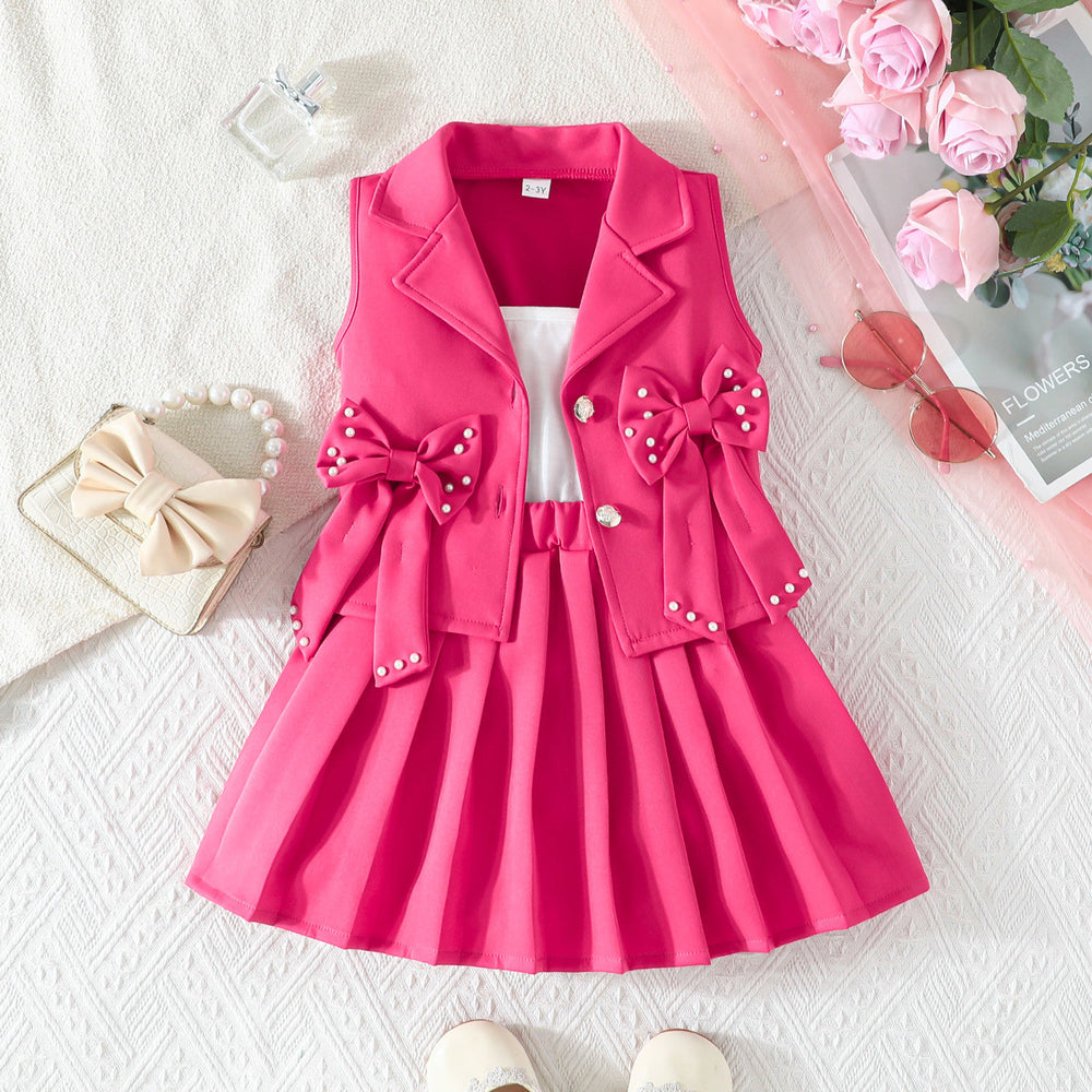 new girls' sweet bowknot three-piece suit: sleeveless vest + camisole + pleated skirt