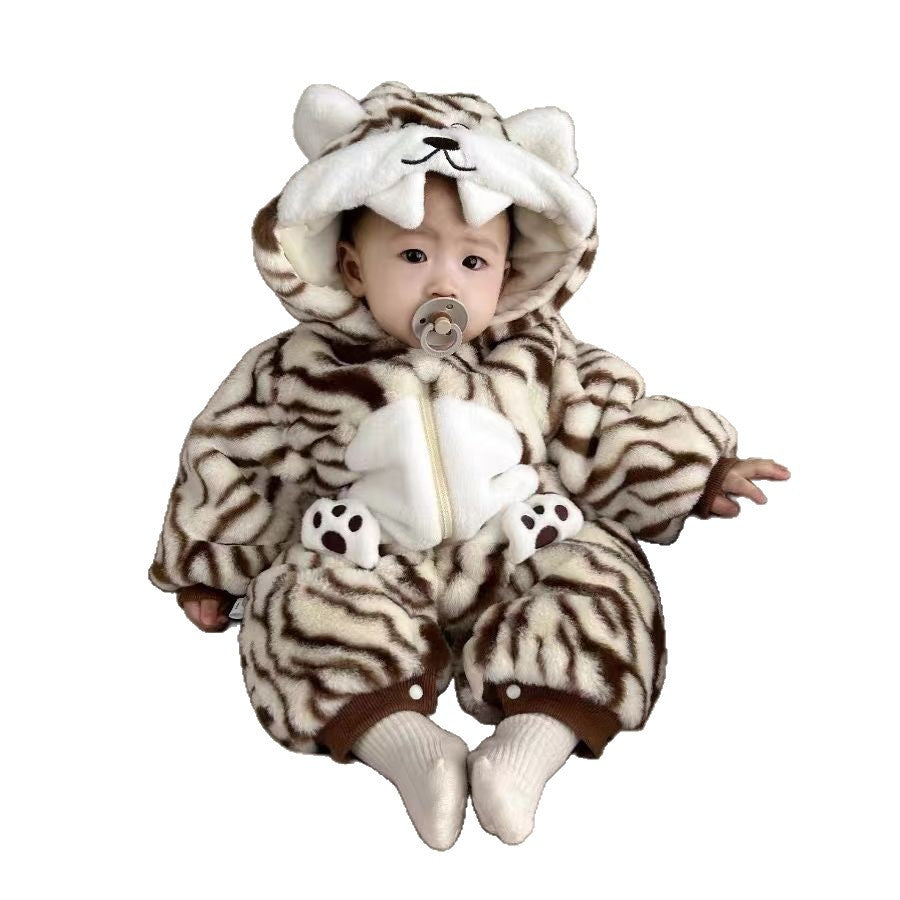 Infant and toddler onesies, winter thickened, unisex baby tiger print cartoon romper, perfect for outings and tummy time, trendy baby clothes