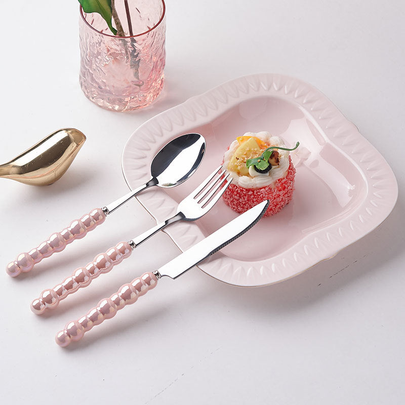 Light luxury style ins knife, fork, spoon, pearl handle, stainless steel tableware, creative fork, household high-looking mooncake knife and fork