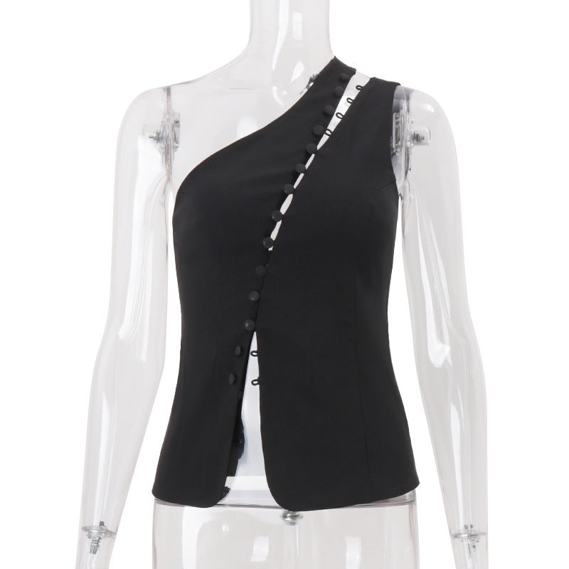 women's spring  new fashion design asymmetrical neck hook-and-eye closure sleeveless tank top - hot girl style