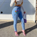 Independent station best sellingprinting butterfly jeans women's 4 flap pocket pants cross-border fashion style pants female sexyhigh waist