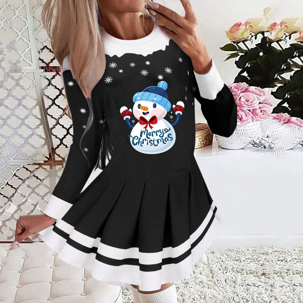 2025 european and american cross-border women's autumn/winter new collection: round neck long sleeve pleated casual party dress
