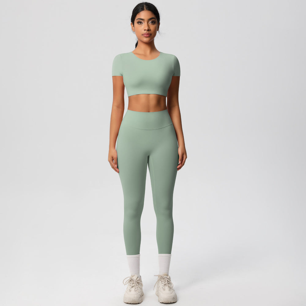 European and american nude feel compression quick-dry short sleeve yoga set outdoor casual training fitness apparel running sports set for women