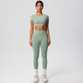 European and american nude feel compression quick-dry short sleeve yoga set outdoor casual training fitness apparel running sports set for women