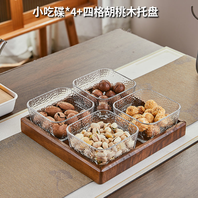 Walnut wood fruit bowl snack storage box - premium glass dried fruit dish - coffee table dessert & candy organizer