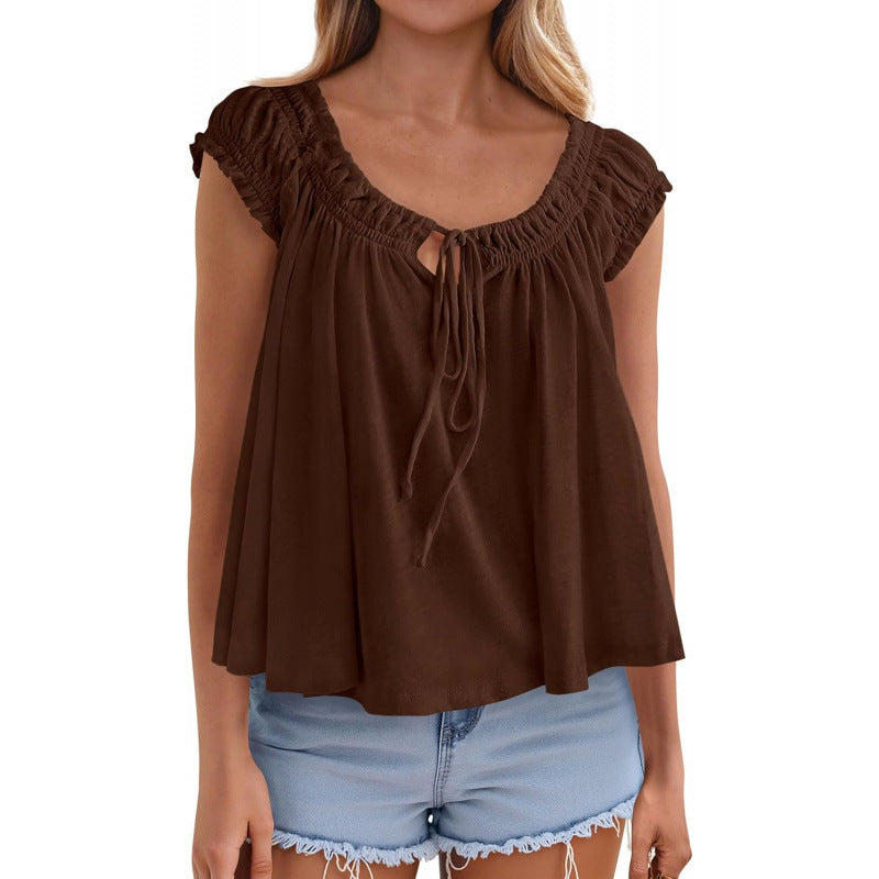 fashioneleganttie backrufflesshirt women's  summer new arrivalfashion pleated tops