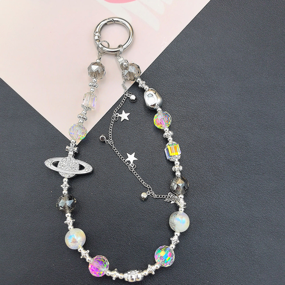 Classy mobile phone chain beaded crystal saturn sparkling new chinoiserie bag camera hanging chain short mobile phone case lanyard