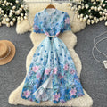 French-inspired vintage lace print dress for women, featuring a cutout design, high waist, cinched waist, a-line silhouette, and an elegant, sophisticated style