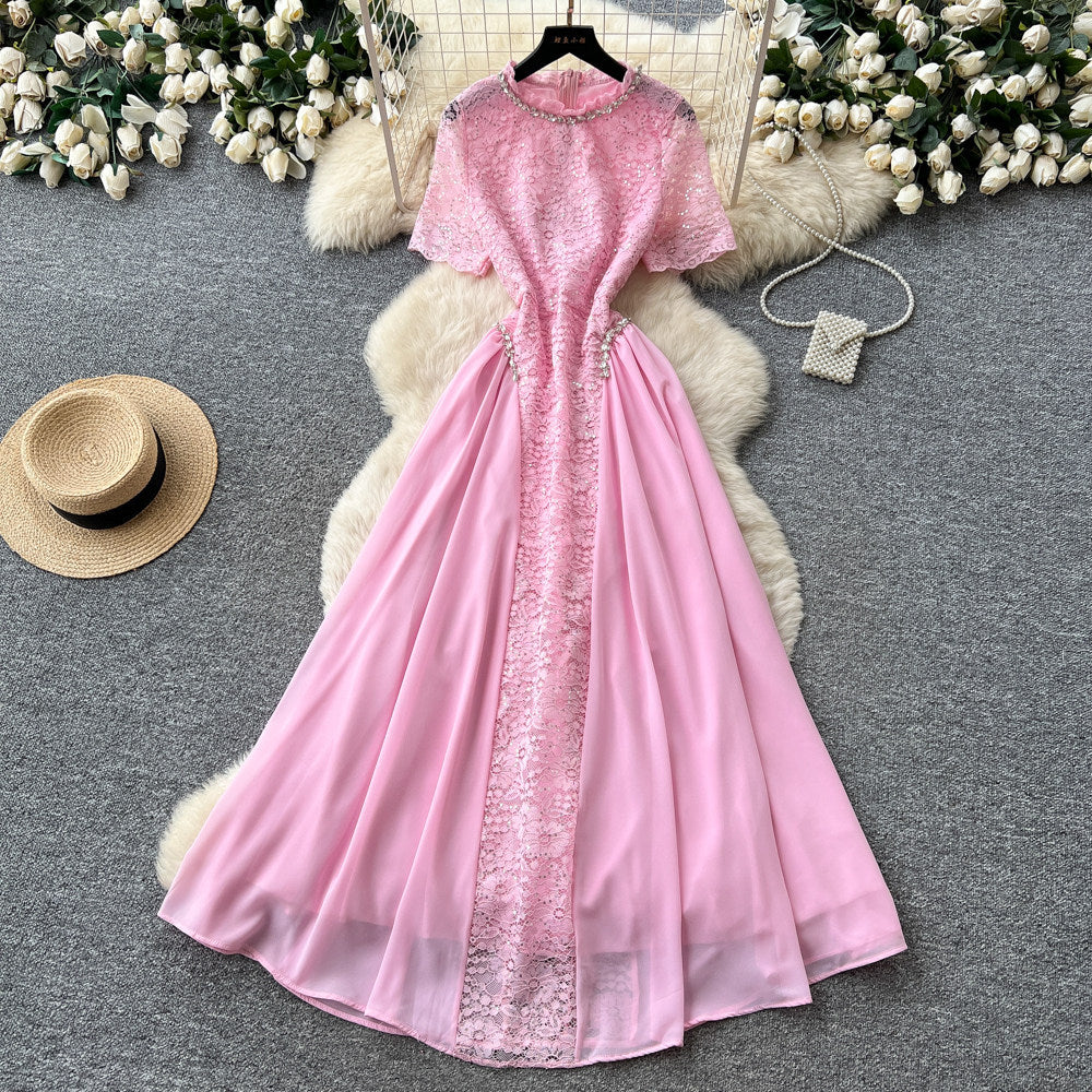 French style lace embroidery a-line dress - women's summer short sleeve high waist slimming elegant maxi dress