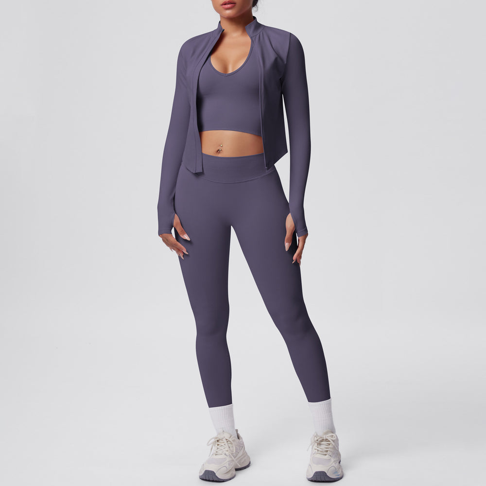 Seamless solid color compression breathable high-elastic yoga set - 3 piece workout outfit for running, fitness, and yoga